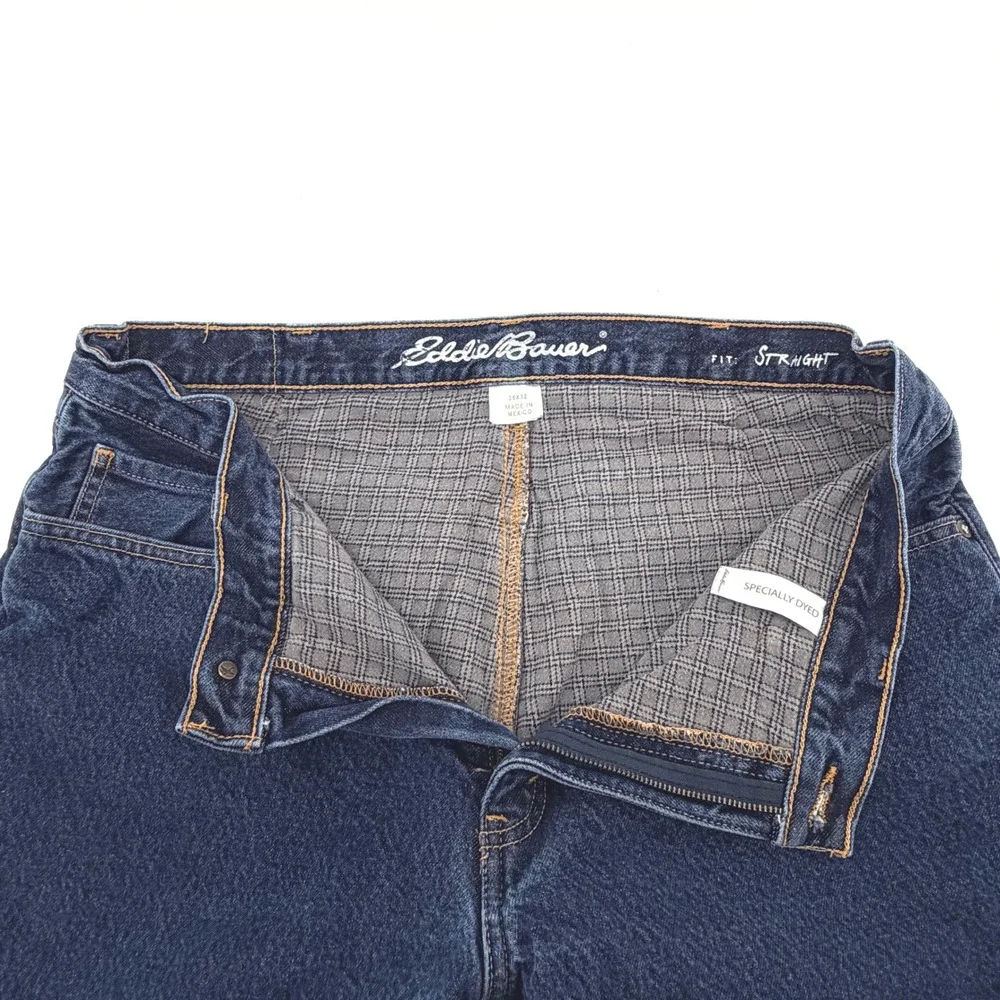 Eddie Bauer Straight Fit Jeans Mens 36x32 Dark Wash Blue Flannel Lined